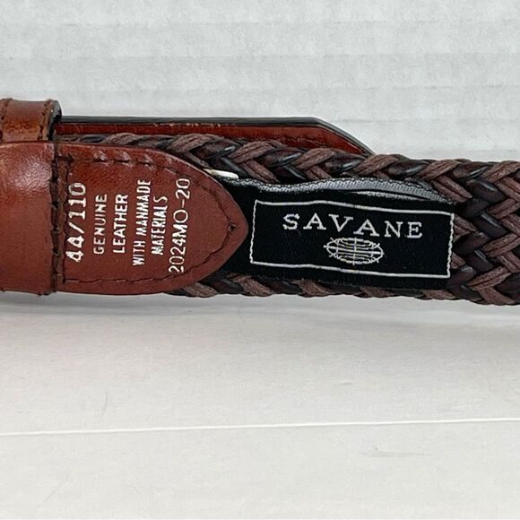 Savane Leather Woven Basketweave Two Tone Brown Belt Solid Brass Buckle Size 44 - Picture 8 of 13